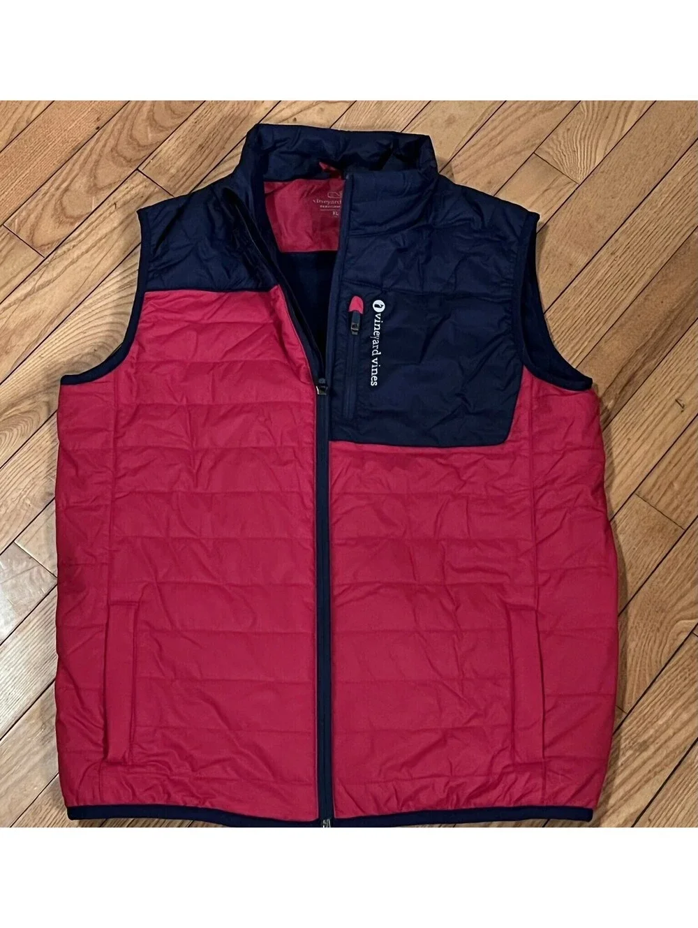 Vineyard Vines Grid Fleece Mountain Weekend Insulated Vest Red/Navy Kids Size XL